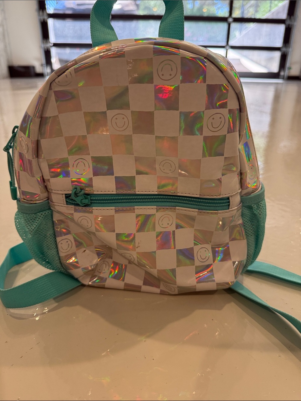 Cat & Jack Holographic Checkered Backpack with Teal Accents
